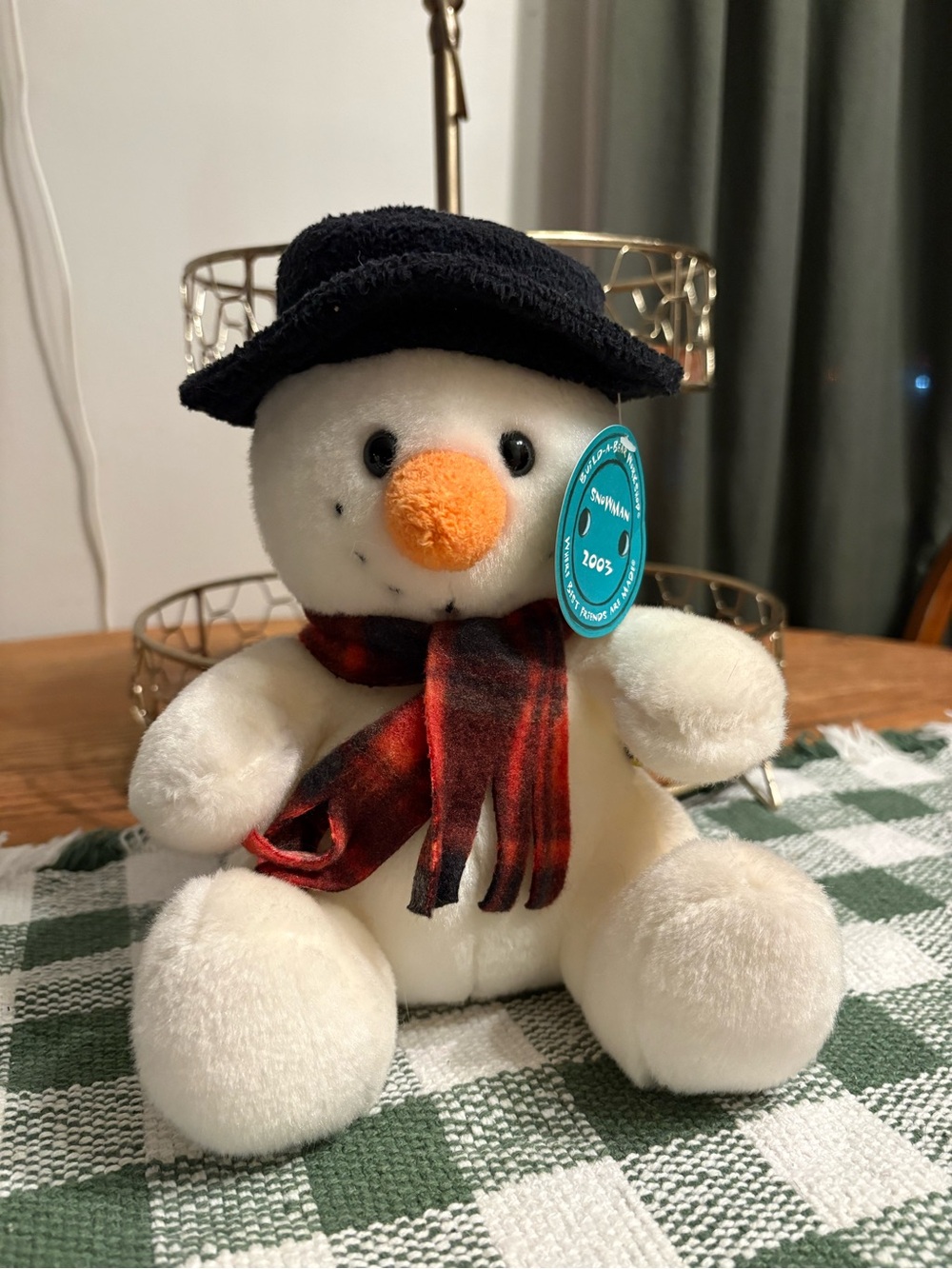 Vintage 2003 Build-A-Bear White Snowman with Black Hat and Red Plaid Scarf